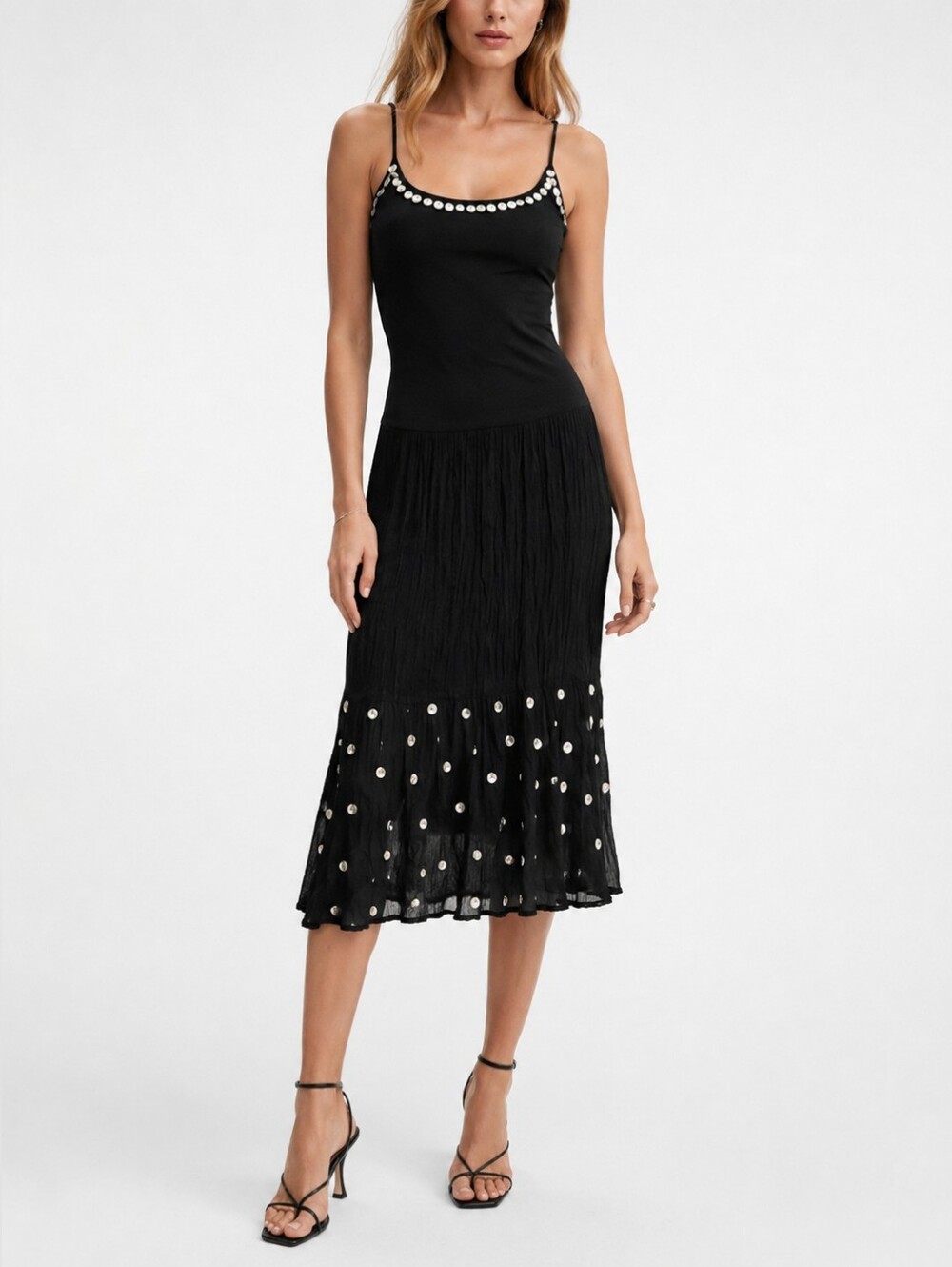 Y2K Pearl Disc Beaded Knit Linen Midi Dress Black M